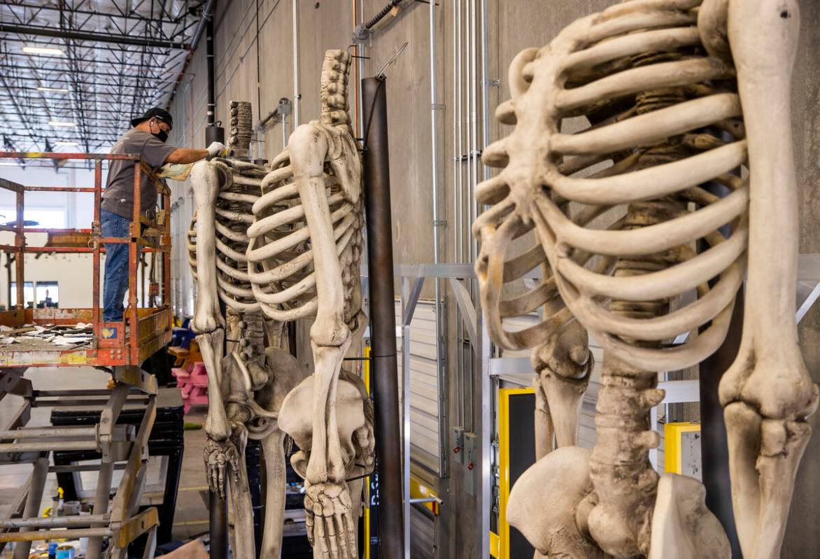 José Cárdenas pinta cuerpos de esqueletos gigantes dentro del almacén del Electric Daisy Car ...