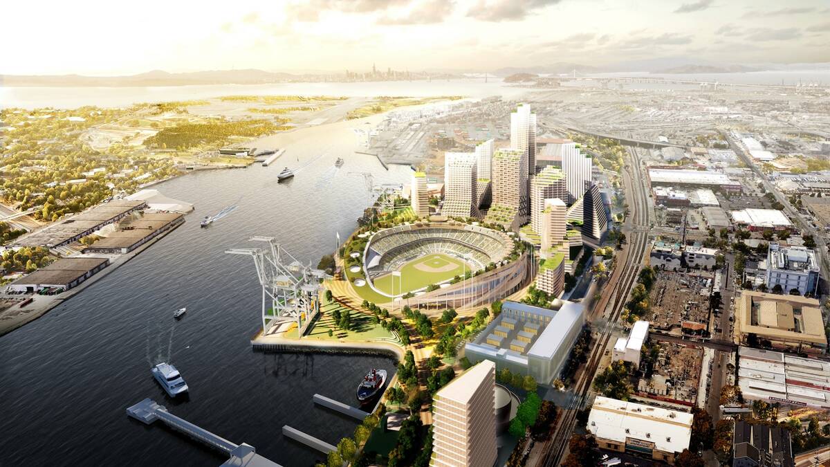 Representación del proyecto de los Oakland Athletics, de 12 mil millones de dólares, que incl ...