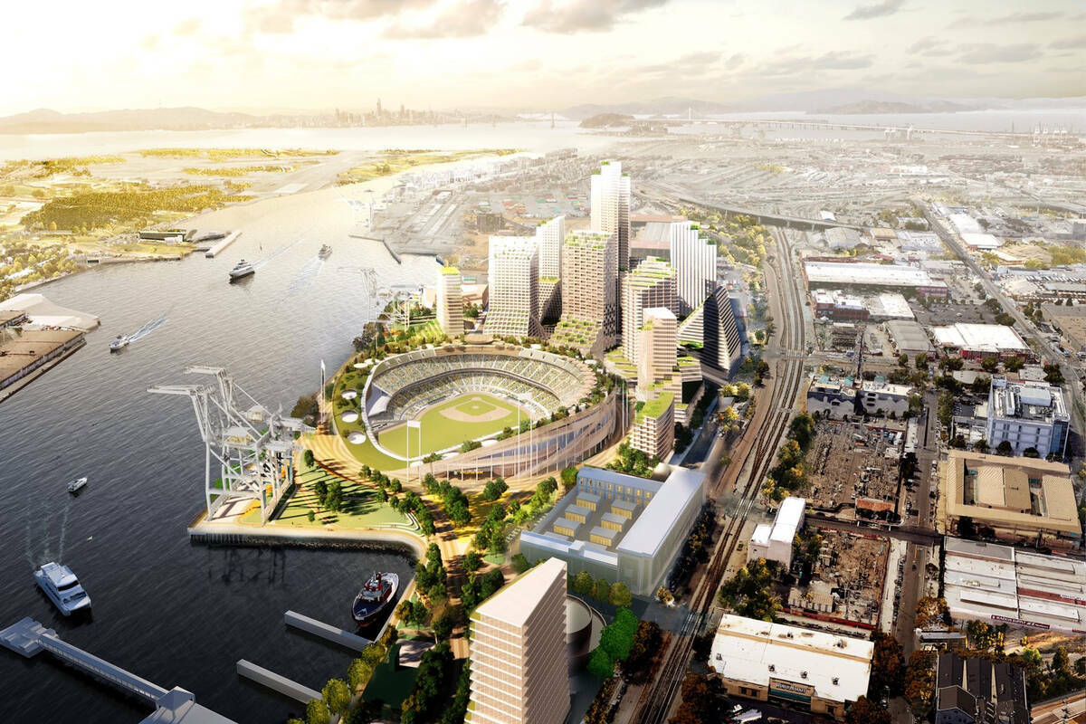 Representación del proyecto de la Terminal Howard de los Oakland A's, que incluye un estadio d ...