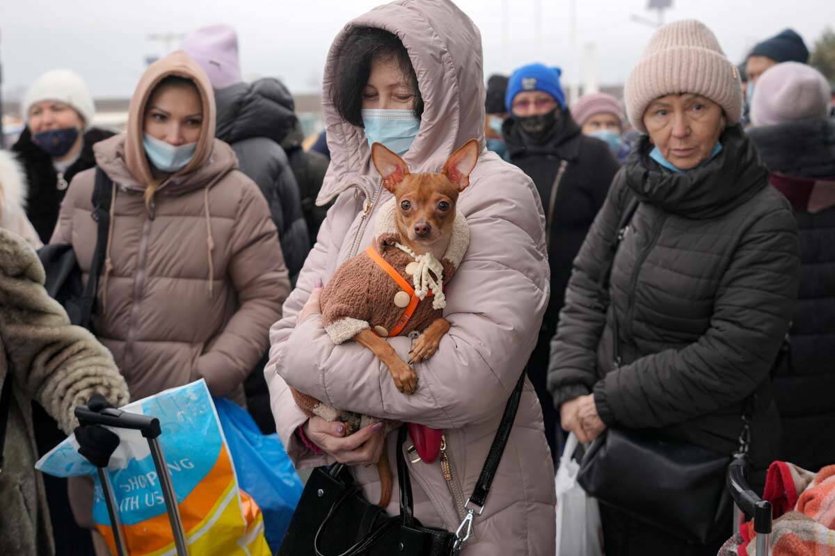 Una mujer sostiene a su perro mientras espera junto a otras personas a cruzar de las zonas cont ...