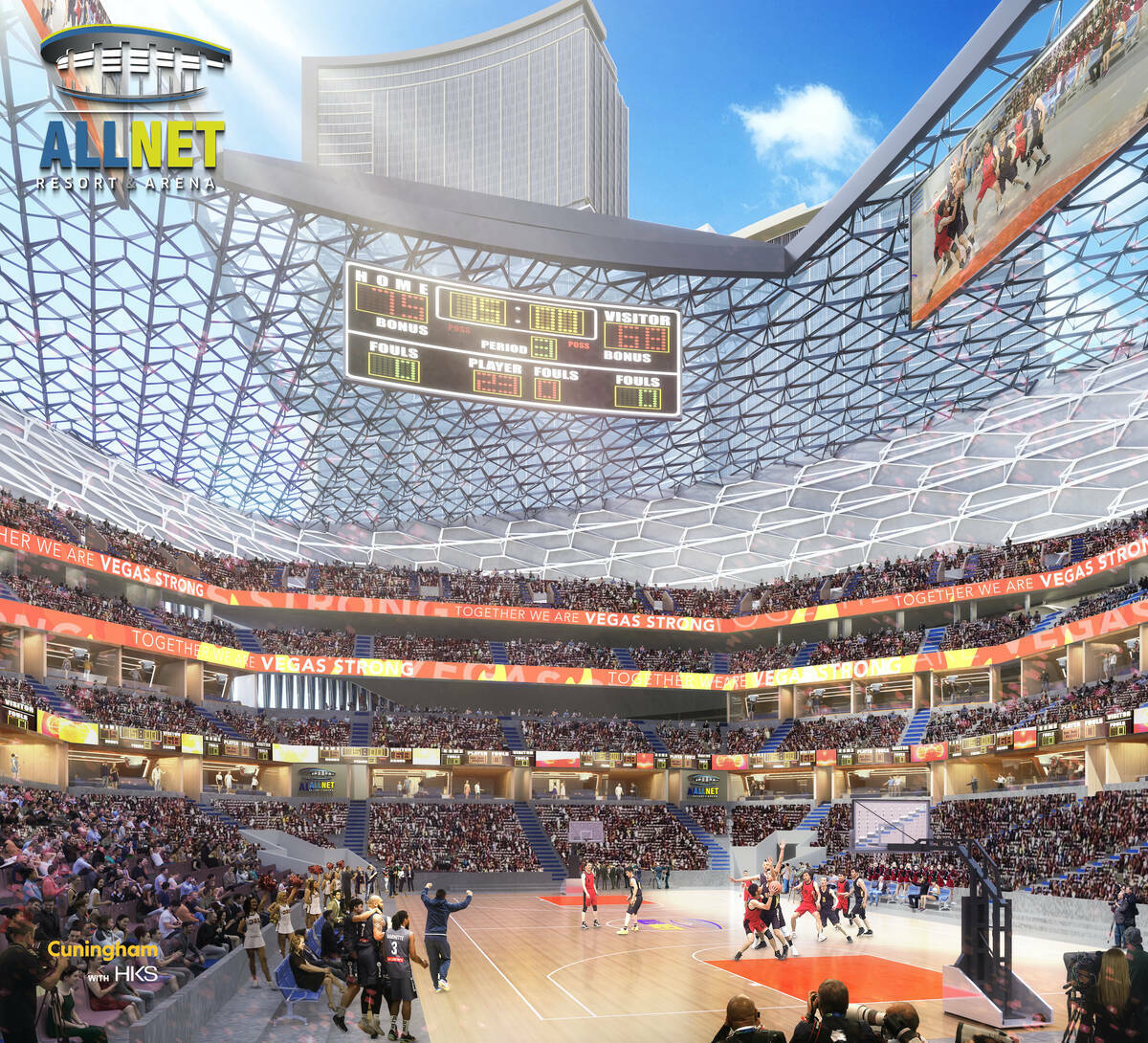 Representación artística del proyecto de estadio y hotel del ex jugador de la NBA Jackie Robi ...