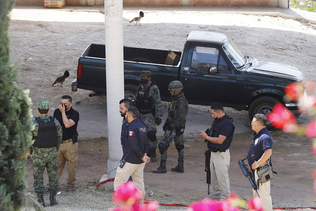 Oficiales del ejército y fiscales del estado de Michoacán inspeccionan el sitio de peleas de ...