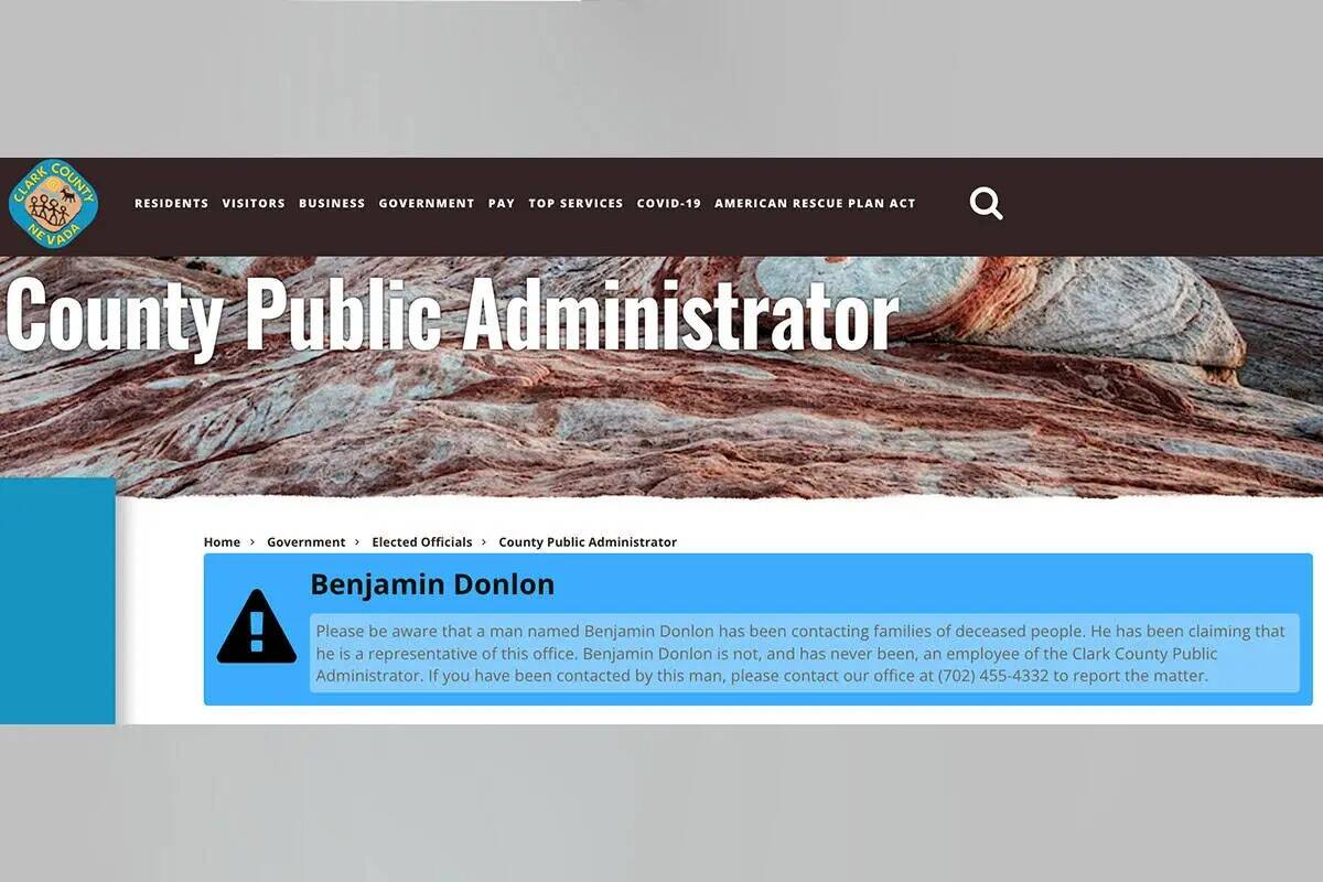 Esta captura de pantalla del Sitio web de la Administración Pública del Condado Clark muestra ...