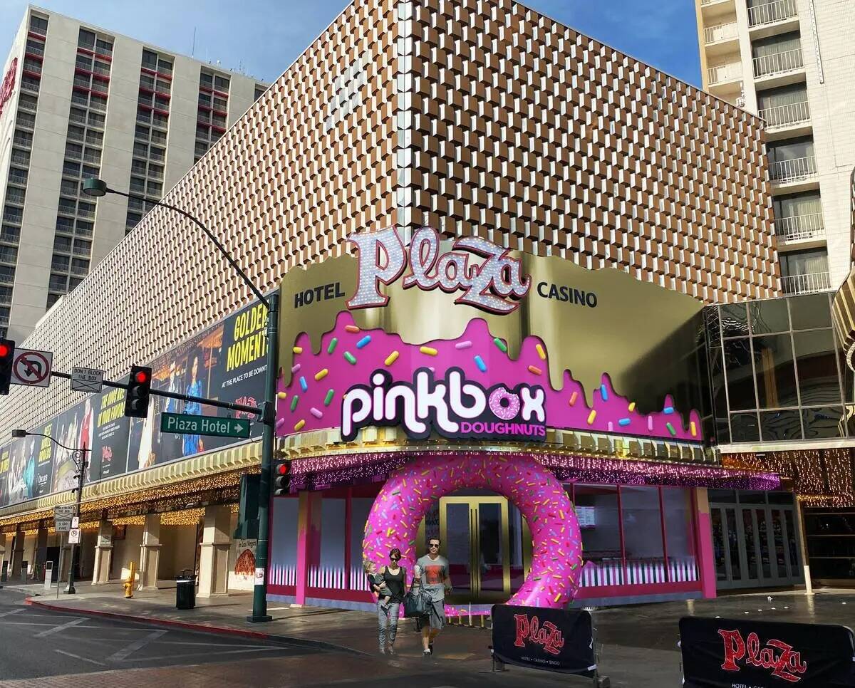 Representación digital del exterior de Pinkbox Doughnuts en el Plaza Hotel & Casino. La empres ...