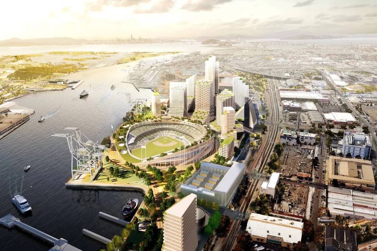 Representación del proyecto de la terminal Howard de los Oakland A's, que incluye un estadio d ...