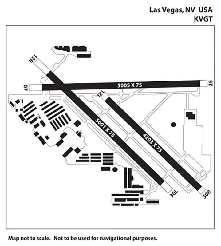 Un diagrama muestra las pistas del aeropuerto de North Las Vegas. Un Piper PA-46 en el choque d ...