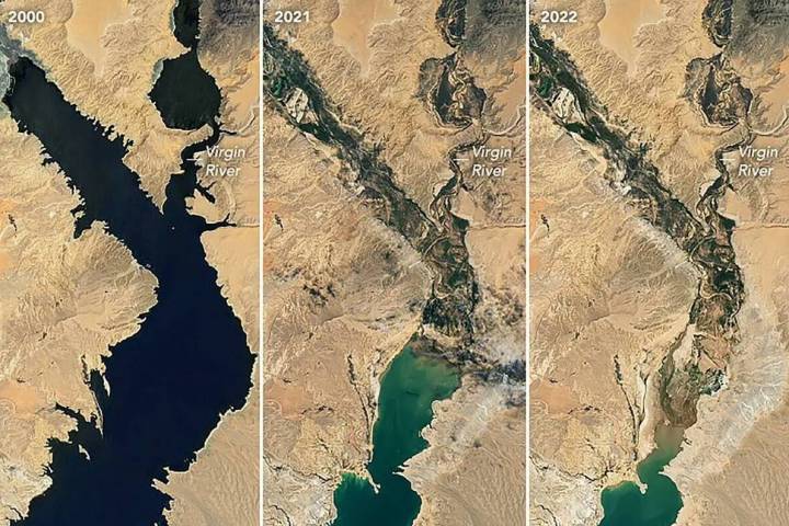 Tres fotos desde el espacio del brazo Overton del Lago Mead en julio de 2000 (a la izquierda), ...