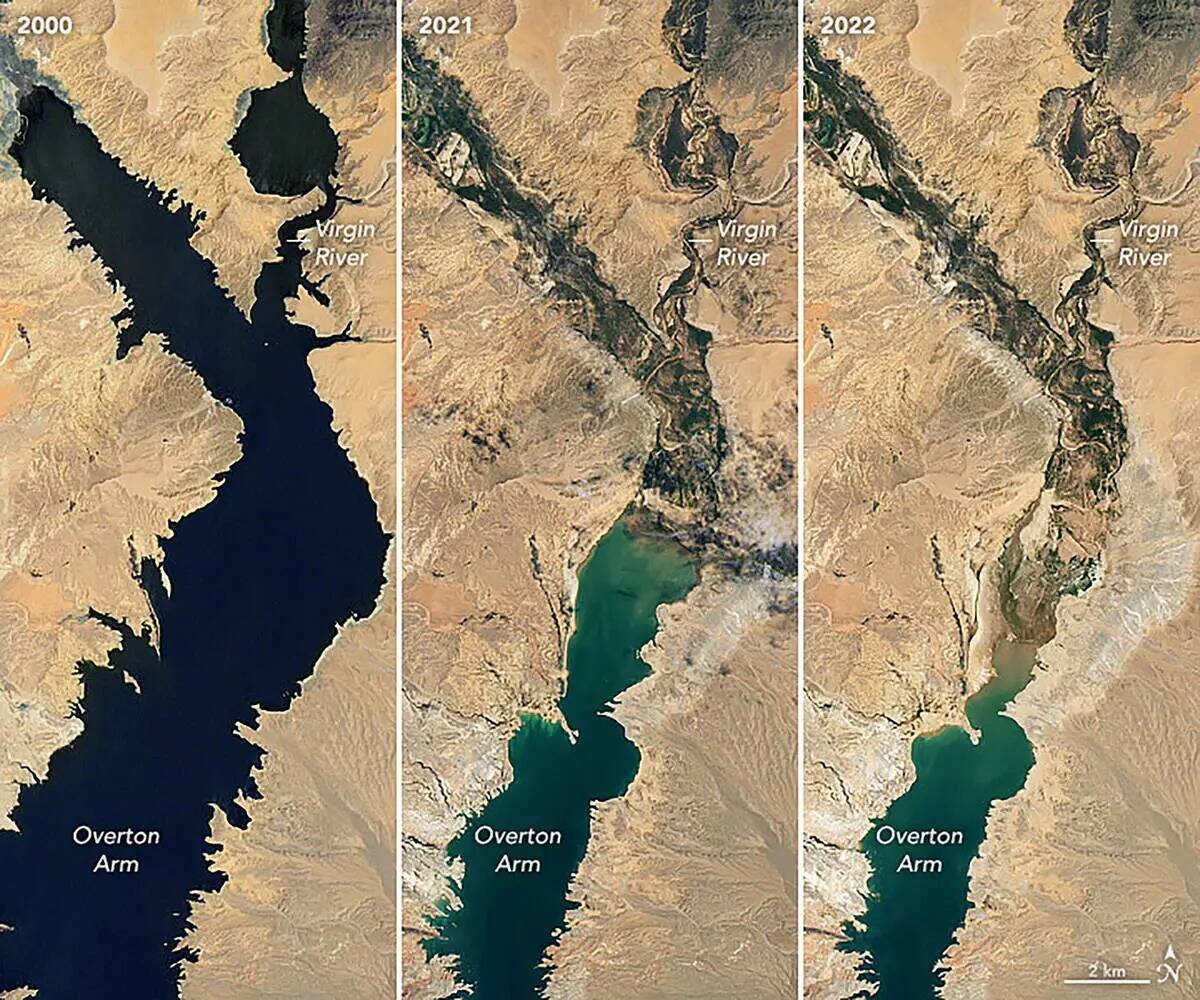 Tres fotos desde el espacio del brazo Overton del lago Mead en julio de 2000 (a la izquierda), ...