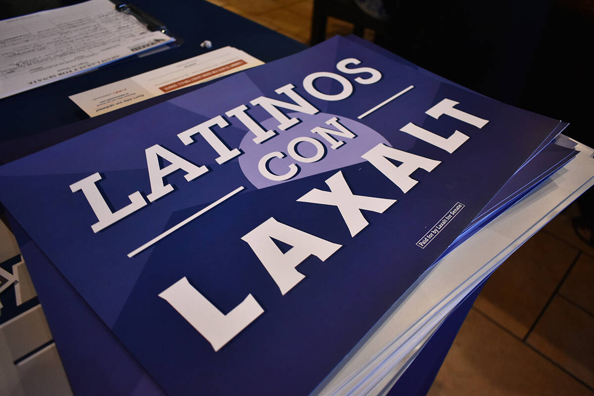 Carteles de la campaña de Adam Laxalt se encuentran dentro de un evento de “Latinos con Laxa ...