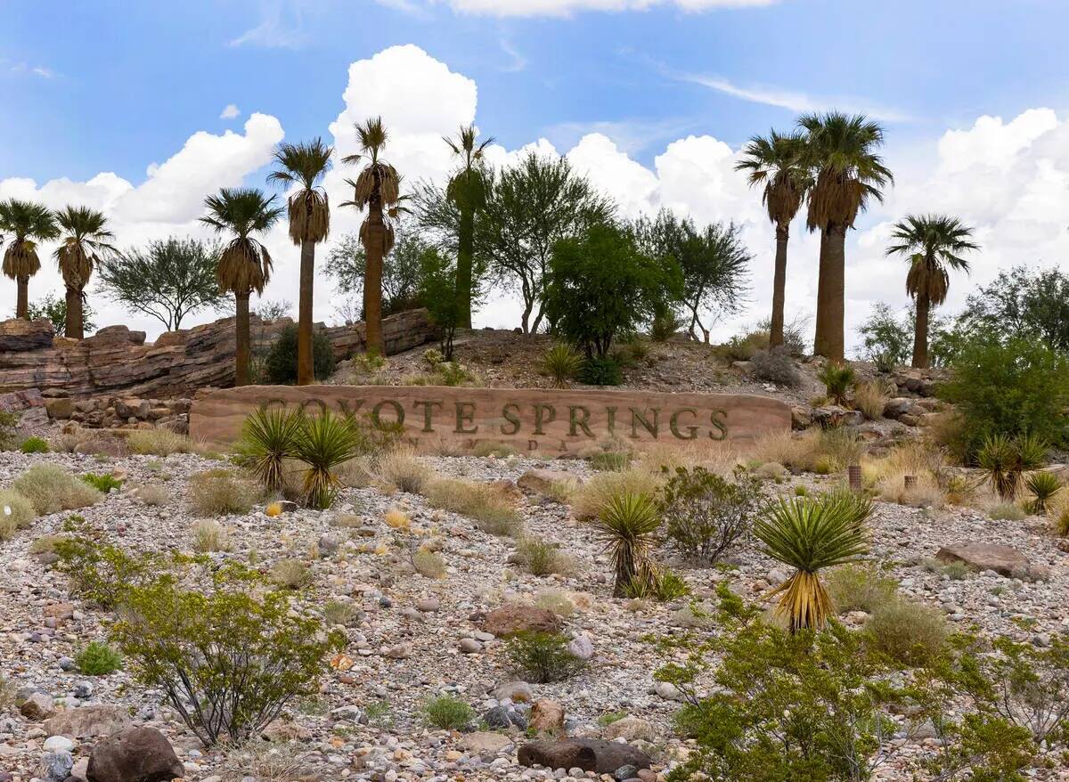 La entrada de la urbanización Coyote Springs se ve cerca de la intersección de U.S. 93 y Stat ...