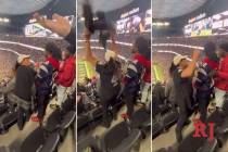 Capturas de pantalla de un video muestran a una mujer con un jersey de los Raiders burlándose ...