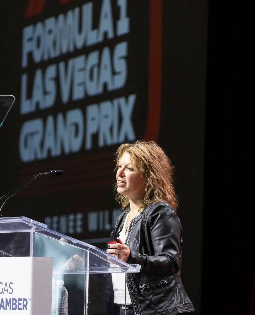 Renee Wilm, directora ejecutiva de Las Vegas Grand Prix, habla durante la presentación anual d ...