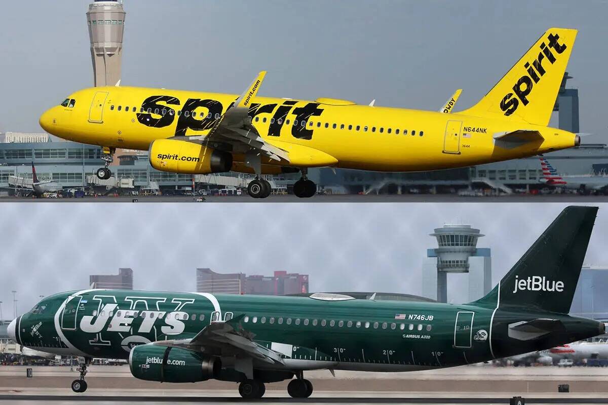 Un avión de Spirit Airlines, arriba, y otro de JetBlue, abajo, en el Aeropuerto Internacional ...
