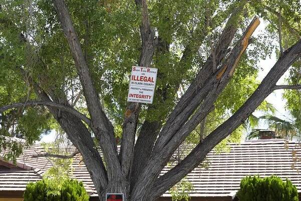 Un cartel contra las rentas a corto plazo en un árbol en una casa en un vecindario no incorpor ...