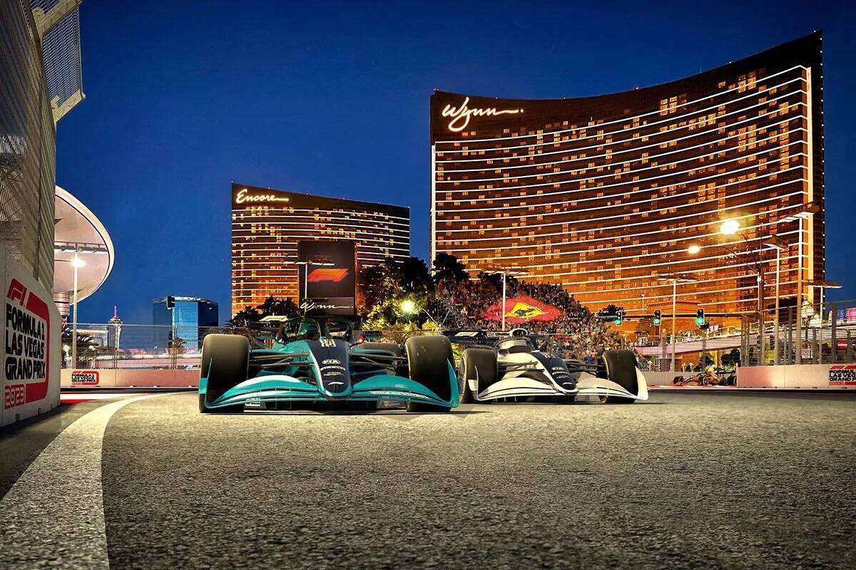 Representación artística del Grand Prix de Fórmula Uno de Las Vegas con el Wynn de fondo. (W ...