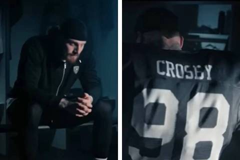 El defensive end de los Raiders Maxx Crosby aparece en un anuncio del bufete de abogados Dimopo ...