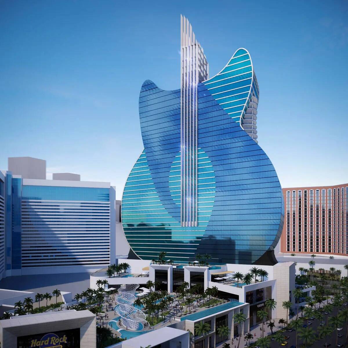 Una representación digital de la torre de hotel con forma de guitarra que Hard Rock Internatio ...