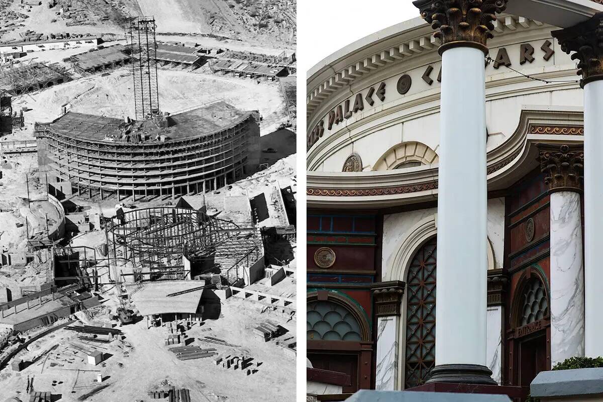Una toma aérea, a la izquierda, del Caesars Palace en construcción el 23 de octubre de 1965, ...