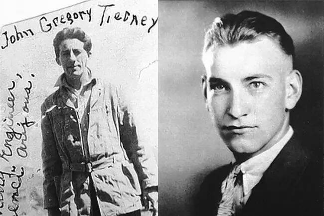 John Gregory Tierney, a la izquierda, posa para una foto en 1915 y su hijo, Patrick William Tie ...