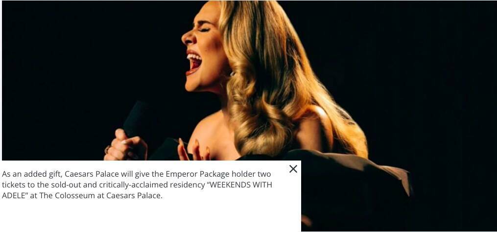 Captura de pantalla de las entradas de Adele ofrecidas en el Paquete Emperador de cinco millone ...