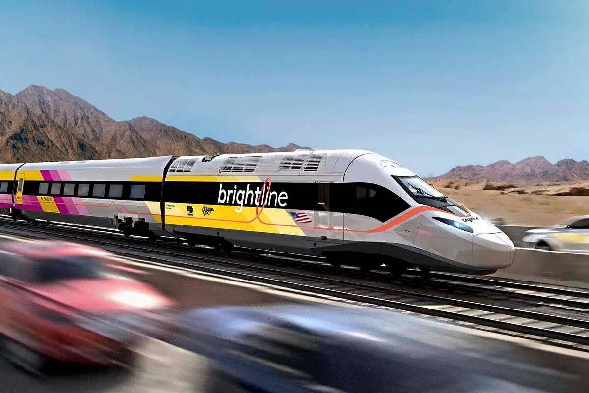 Esta ilustración sin fecha facilitada por Brightline West muestra una imagen del tren del proy ...