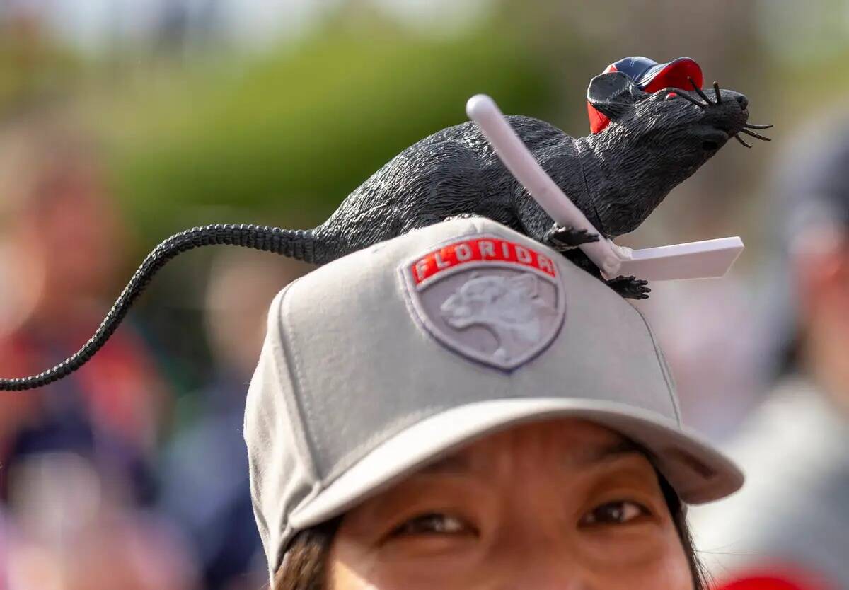 Una fan de los Florida Panthers luce una rata en su gorra mientras disfruta de un poco de músi ...