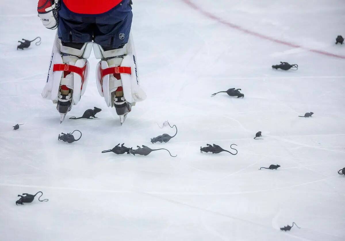 El portero de los Florida Panthers Sergei Bobrovsky (72) sale patinando en medio de un montón ...