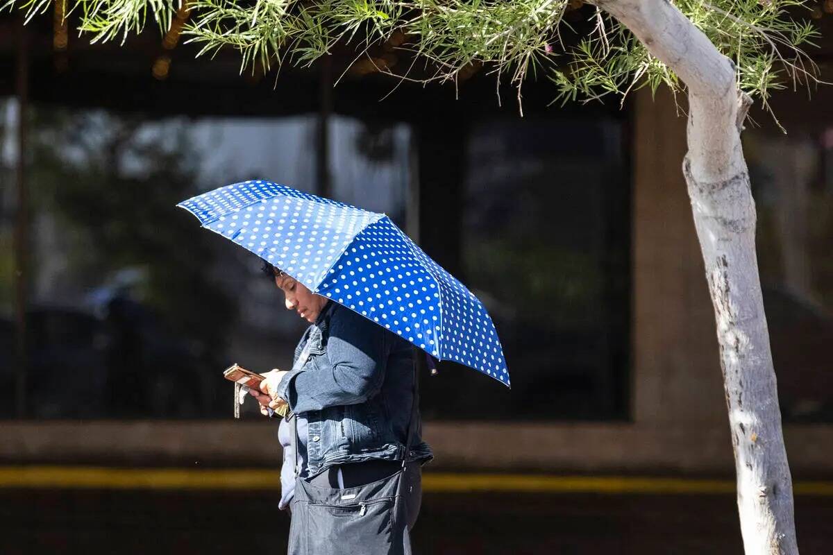 Una mujer sostiene un paraguas para protegerse del sol mientras camina por Ogden Avenue, en el ...