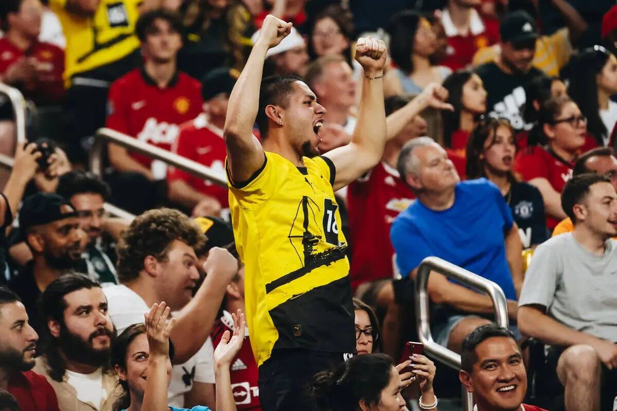 Un fan del Borussia Dortmund anima mientras su equipo anota un gol durante un partido contra el ...