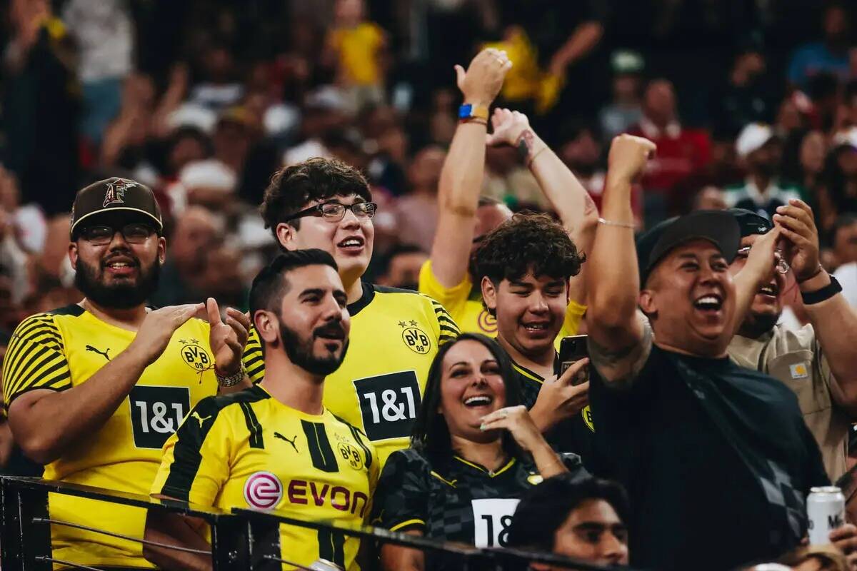 Los fans del Borussia Dortmund animan mientras su equipo anota un gol durante un partido contra ...