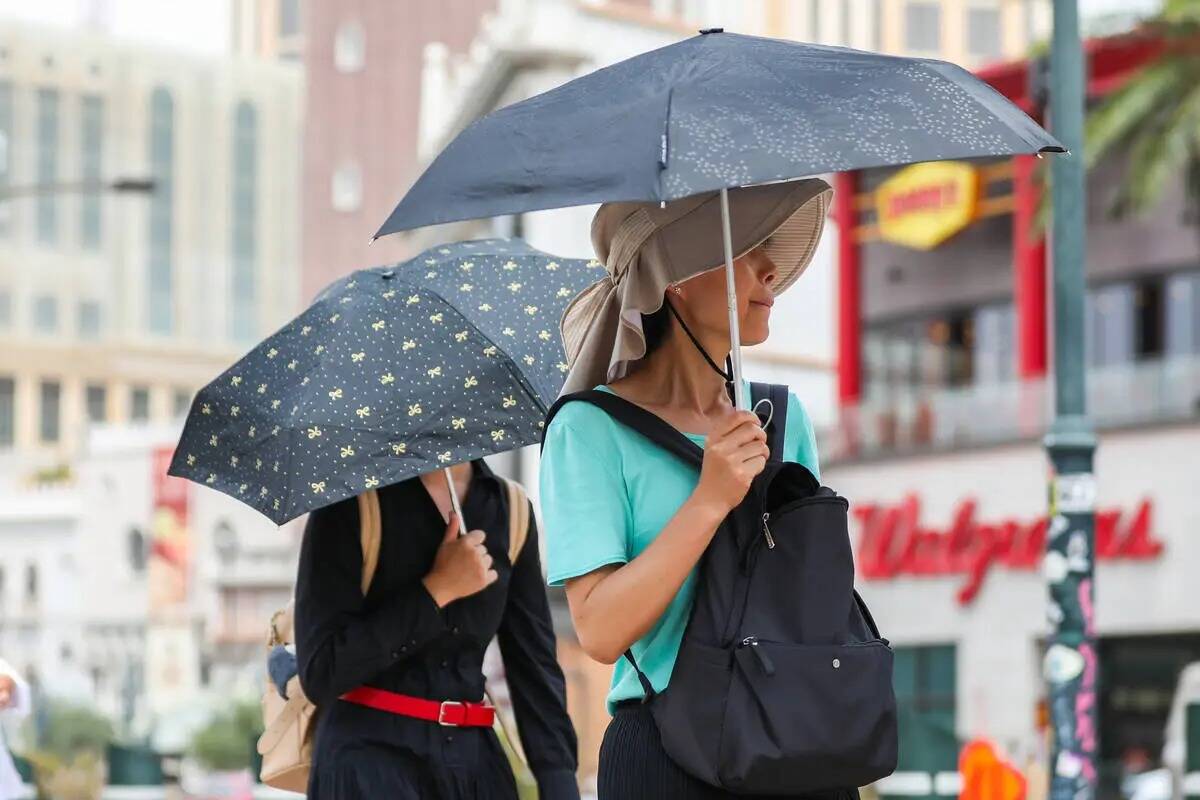 Un grupo de personas desafía el calor a lo largo del Strip protegiéndose con sombrillas el lu ...