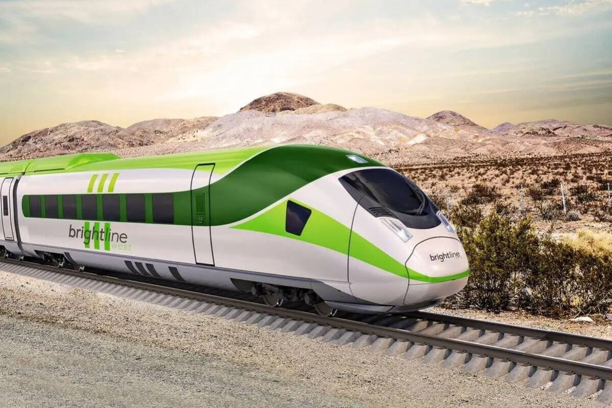 Representación de un tren Brightline West en la carretera interestatal 15 entre Las Vegas y Lo ...