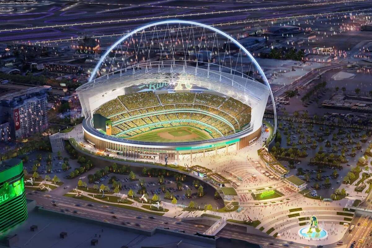 Este render proporcionado por los Oakland Athletics el 26 de mayo de 2023, muestra una vista de ...