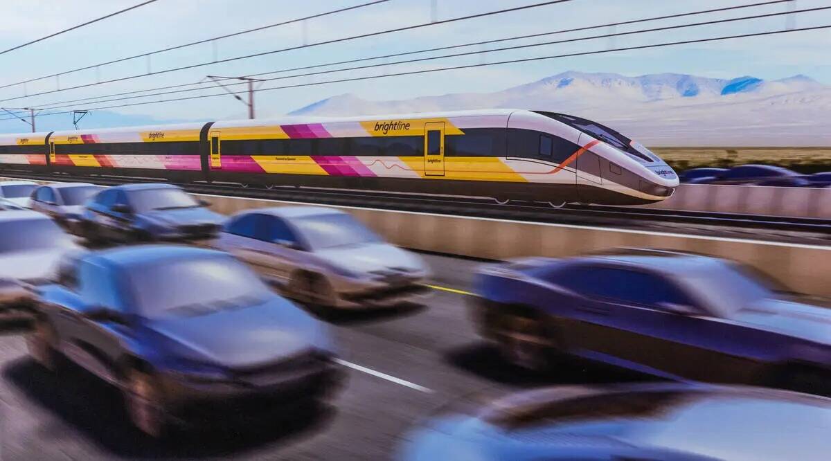 Esta ilustración sin fechar facilitada por Brightline West muestra un tren del proyecto de tre ...
