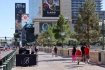 Barricadas bloquean troncos de árboles talados frente al Bellagio en el Strip de Las Vegas el ...