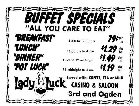 Ofertas de buffet del Lady Luck Casino & Saloon del 12 de diciembre de 1973. (Las Vegas Review- ...