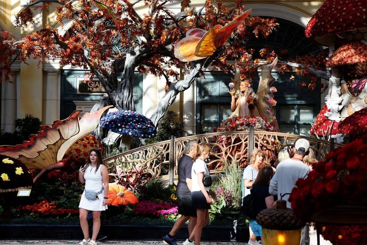 Los visitantes contemplan la exposición otoñal "Enchantment" en el Bellagio Conservatory & Bo ...