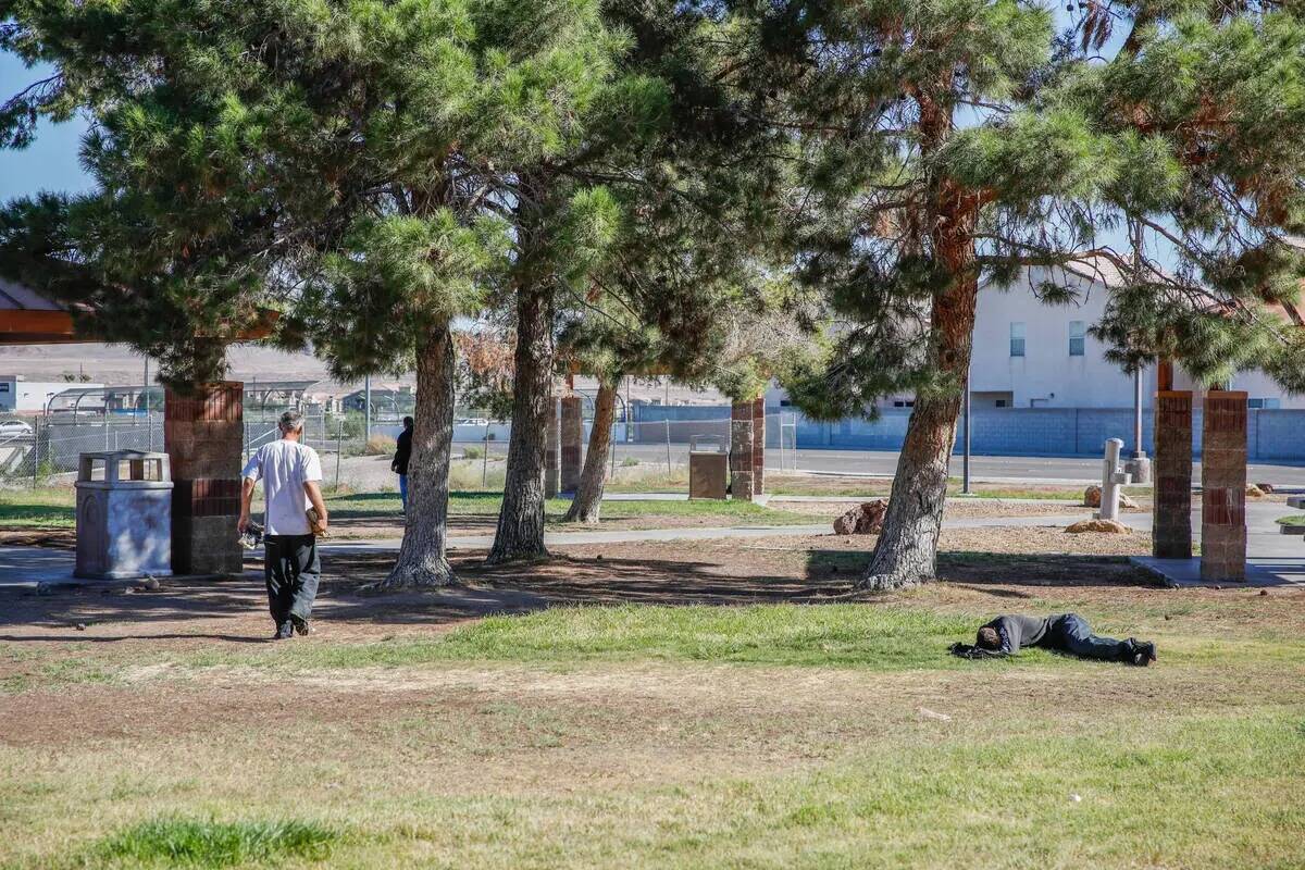 La gente descansa en el césped en el Russell Road Recreation Complex el jueves 12 de octubre d ...