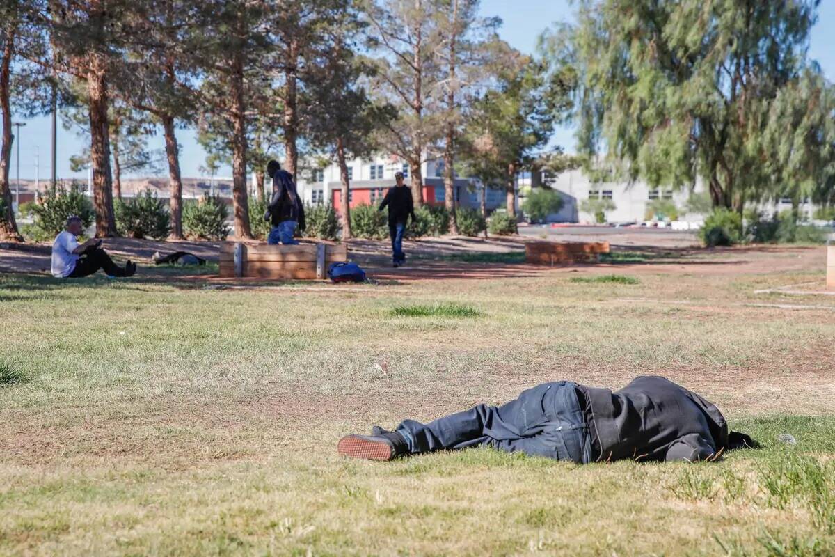 Una persona descansa en el césped en el Russell Road Recreation Complex el jueves 12 de octubr ...