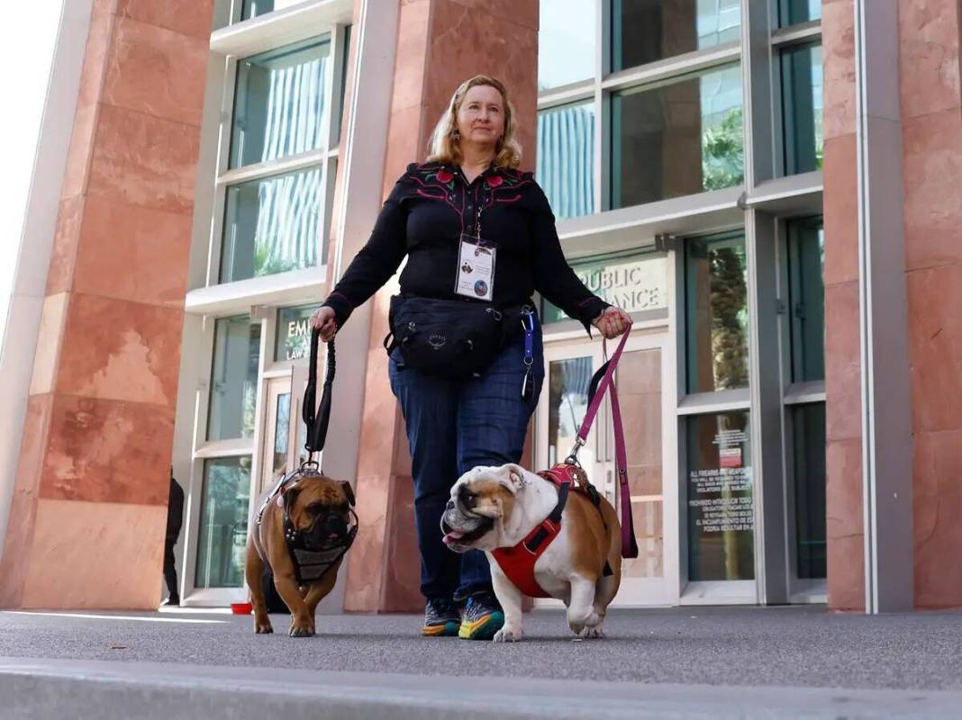 Stephani Loffredo posa para una foto con sus perros de terapia, Hufflepuff, izquierda, y Scarle ...