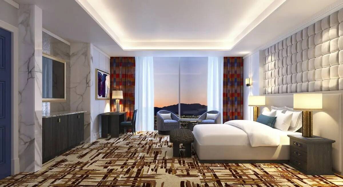 Representación artística de la sala de estar de la suite Monarque en Fontainebleau Las Vegas. ...