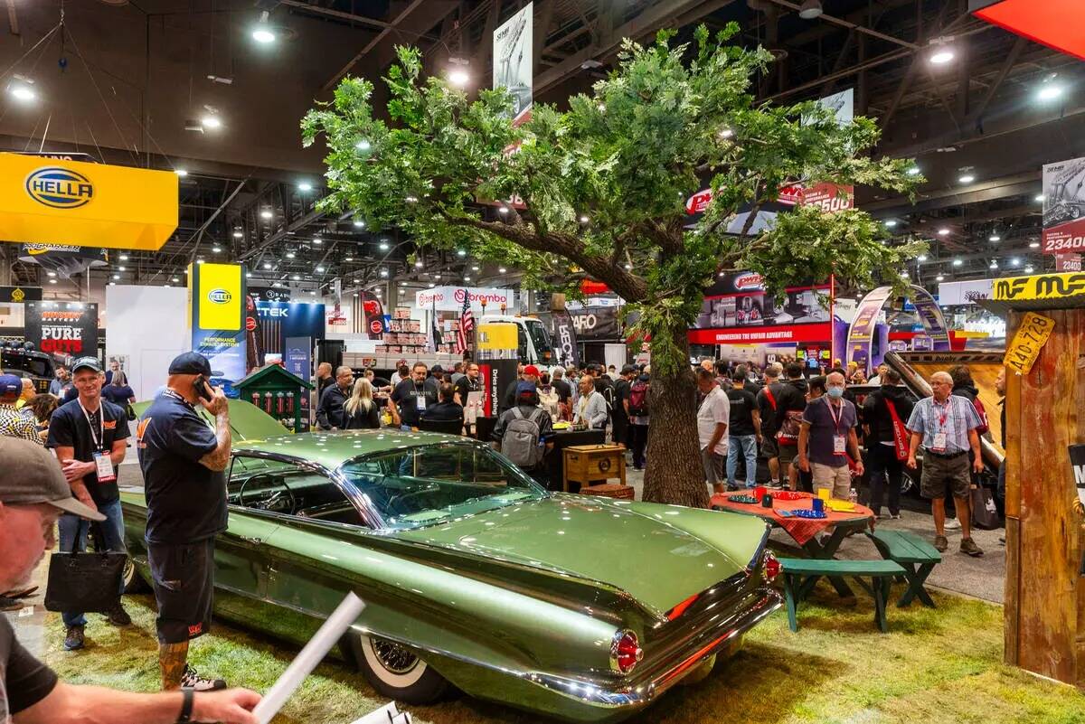 Un auto clásico secado por el Absorber brilla bajo un árbol falso durante el primer día de S ...