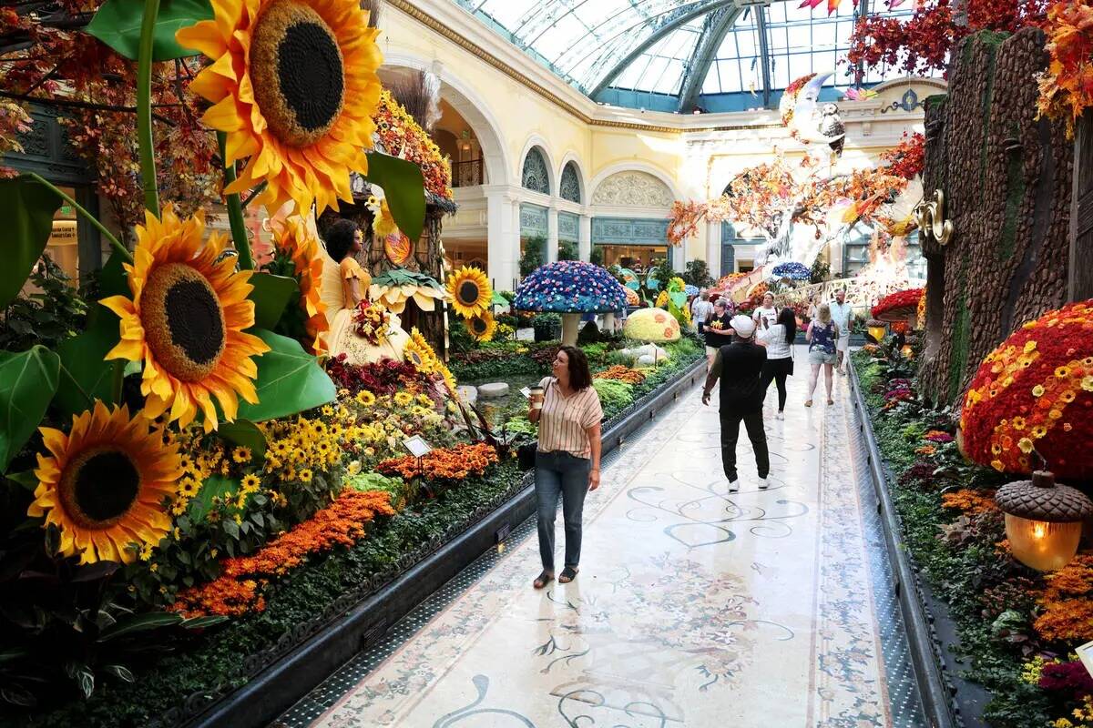 Los visitantes contemplan la exposición otoñal "Enchantment" en el Bellagio Conservatory & Bo ...