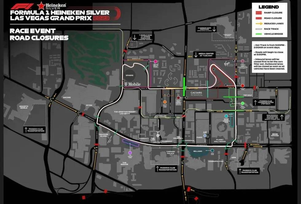 Mapa de los cierres de carreteras cerca de Las Vegas Boulevard durante las carreras del 16 al 1 ...