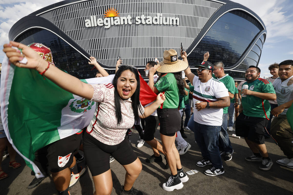 Mexico fans dance outside the Allegiant Stadium, Thursday, June 15, 2023, before a CONCACAF Nat ...