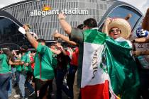Mexico fans dance outside the Allegiant Stadium, Thursday, June 15, 2023, before a CONCACAF Nat ...