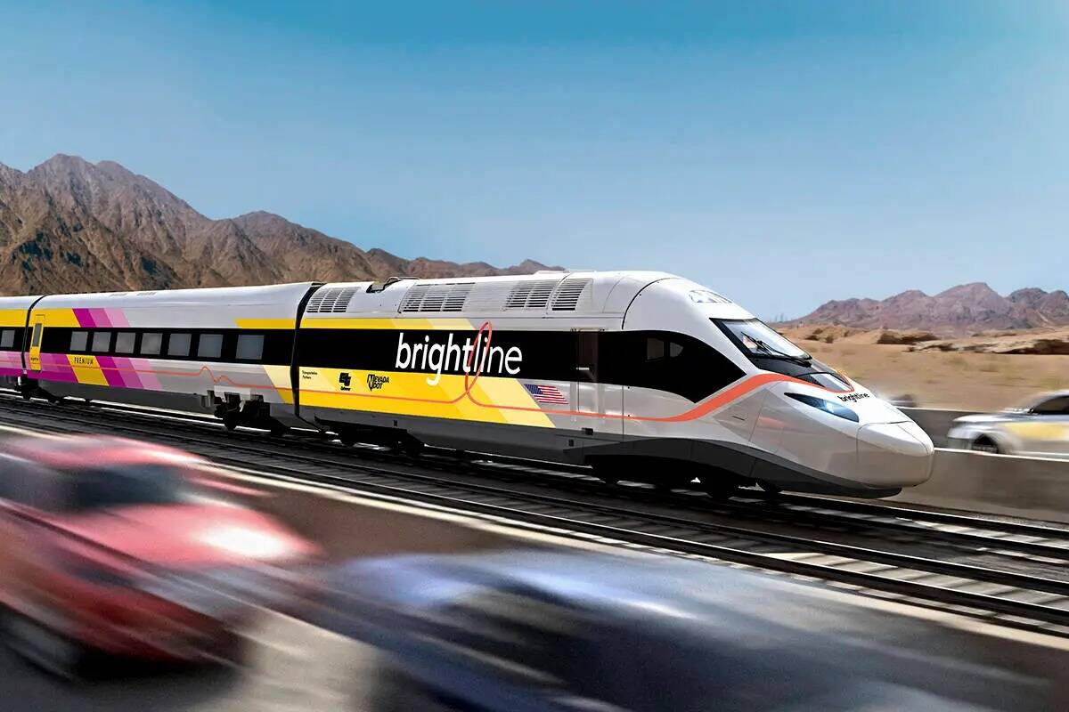 Esta ilustración sin fecha facilitada por Brightline West muestra una imagen del tren del proy ...