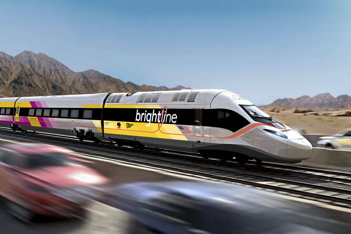 Esta ilustración sin fecha facilitada por Brightline West muestra el tren del proyecto de Tren ...