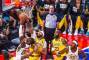 El alero de Los Angeles Lakers Anthony Davis (3) rechaza un tiro del escolta de los Indiana Pac ...