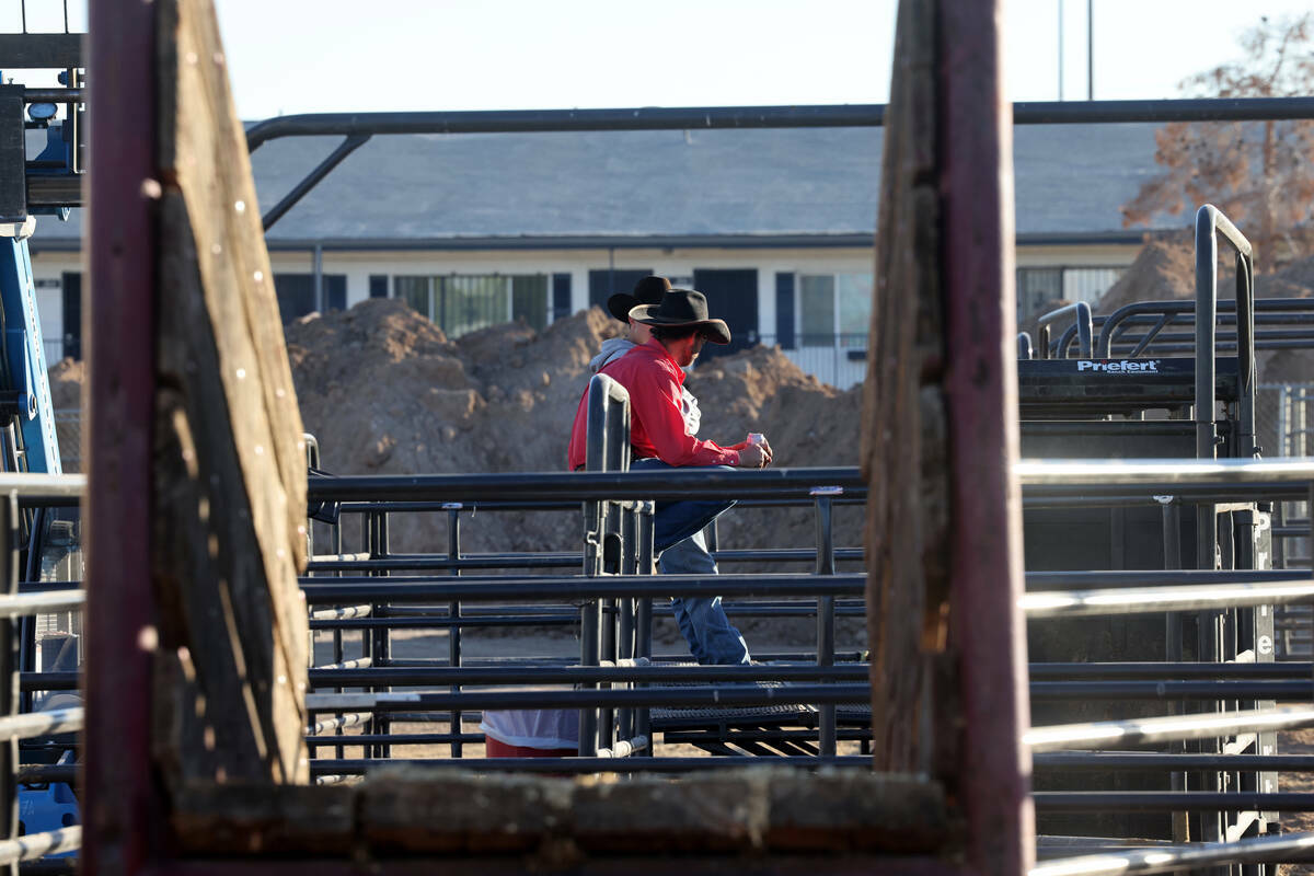 Vaqueros visitan el hogar temporal para el ganado del National Finals Rodeo en los campos intra ...